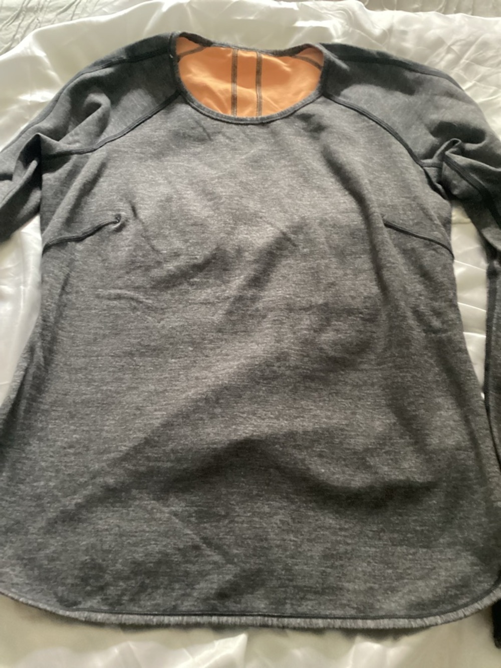 Woman’s Grey Long-Sleeve Crewneck Shirt with Contrast Neck Detail